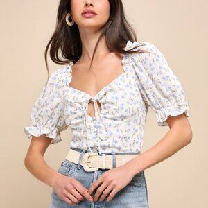 Lulus Perfect Adoration Ivory Floral Puff Sleeve Drawstring Cutout Top White